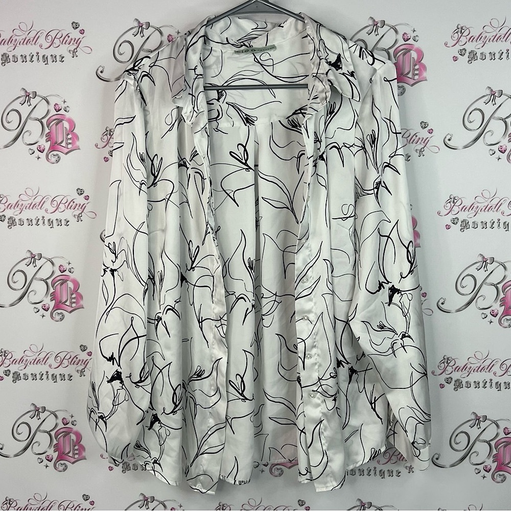 Cleo button up shiny blouse floral lines Elegant White and Black Women's Top